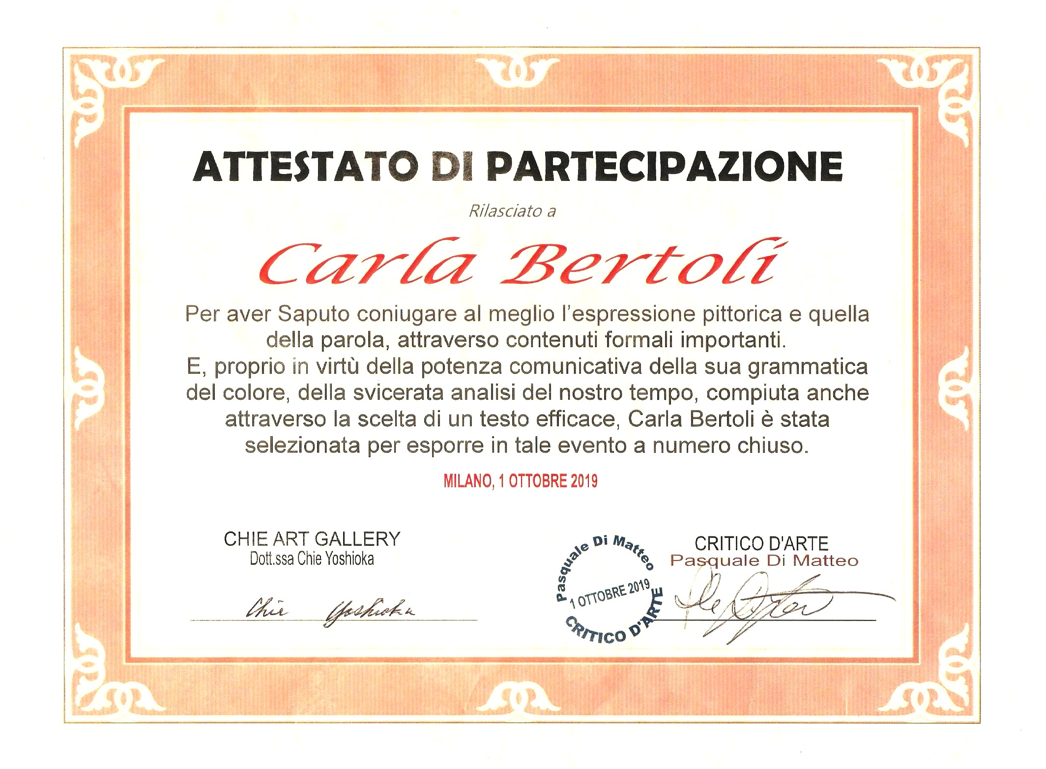 Certificate of Attendance Chie Art Gallery - I Colori e le Parole - Milano - Year 2019